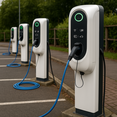 A row of electric vehicle charging points in a car park