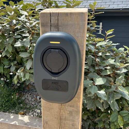 BG Sync EV charger mounted on wooden post